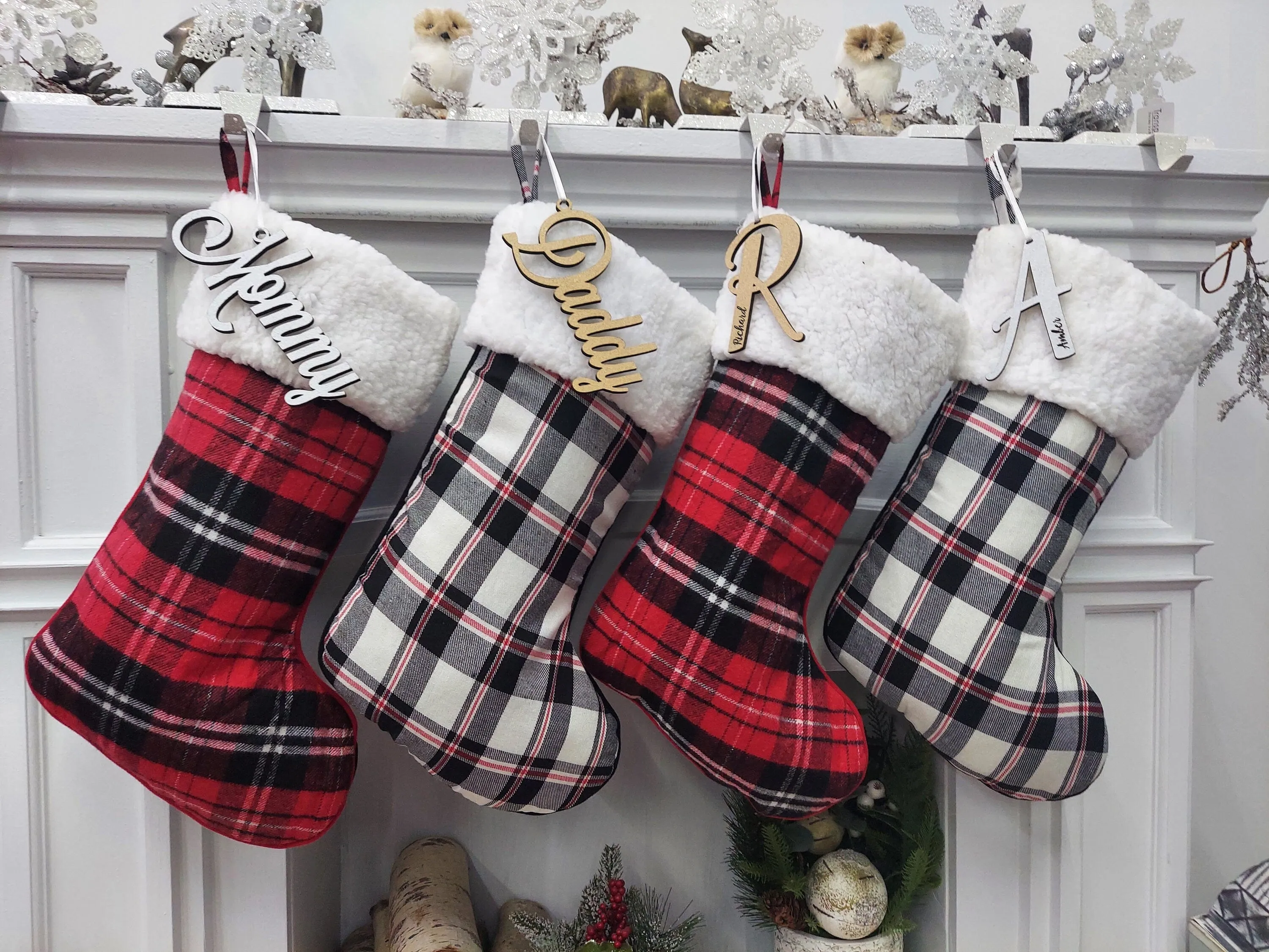 19" Red/Black/White Plaid Christmas Stockings with Sherpa Cuff Modern Farmhouse Personalized Stockings Family Xmas Tartan Wood Name Tag