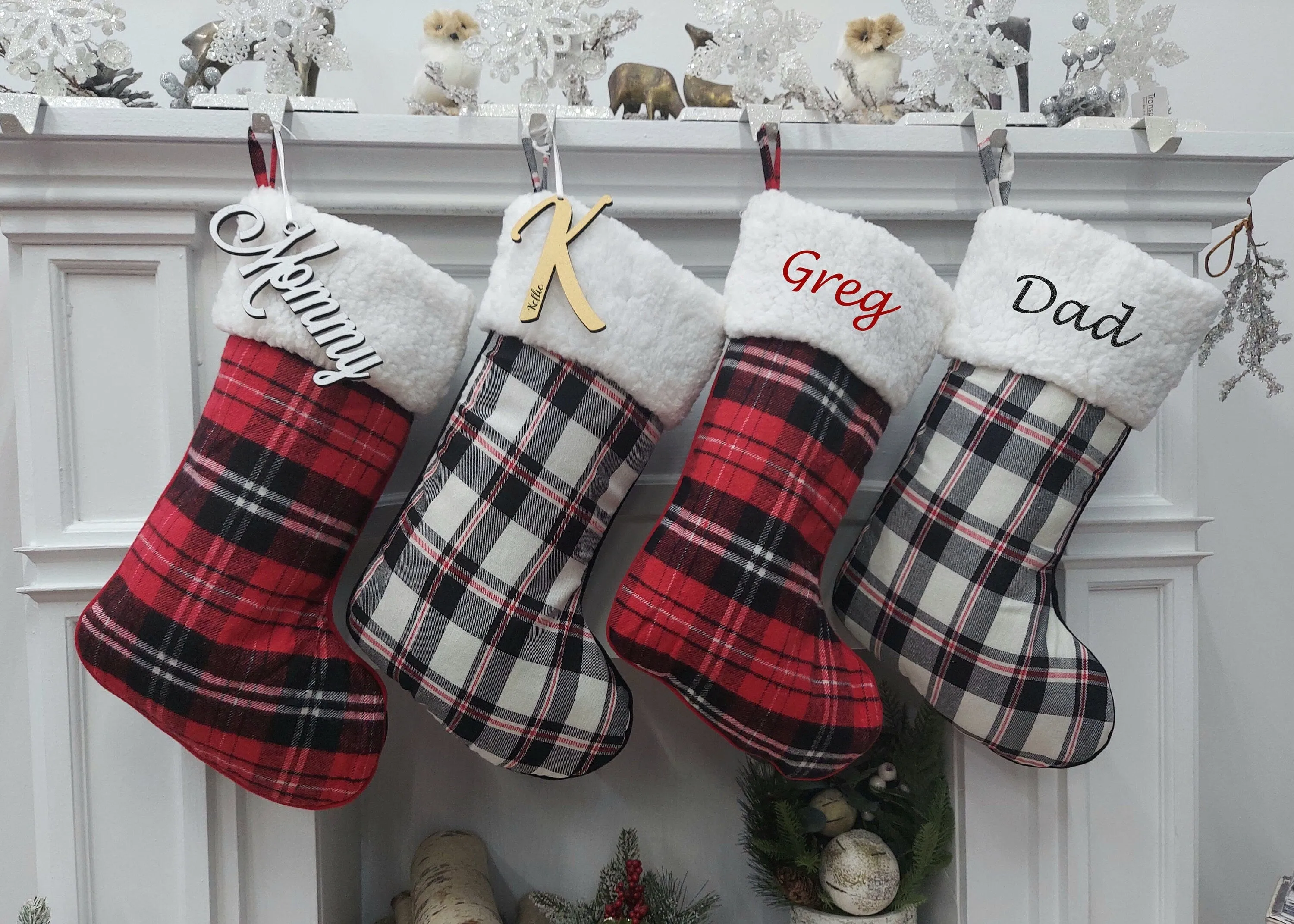 19" Red/Black/White Plaid Christmas Stockings with Sherpa Cuff Modern Farmhouse Personalized Stockings Family Xmas Tartan Wood Name Tag