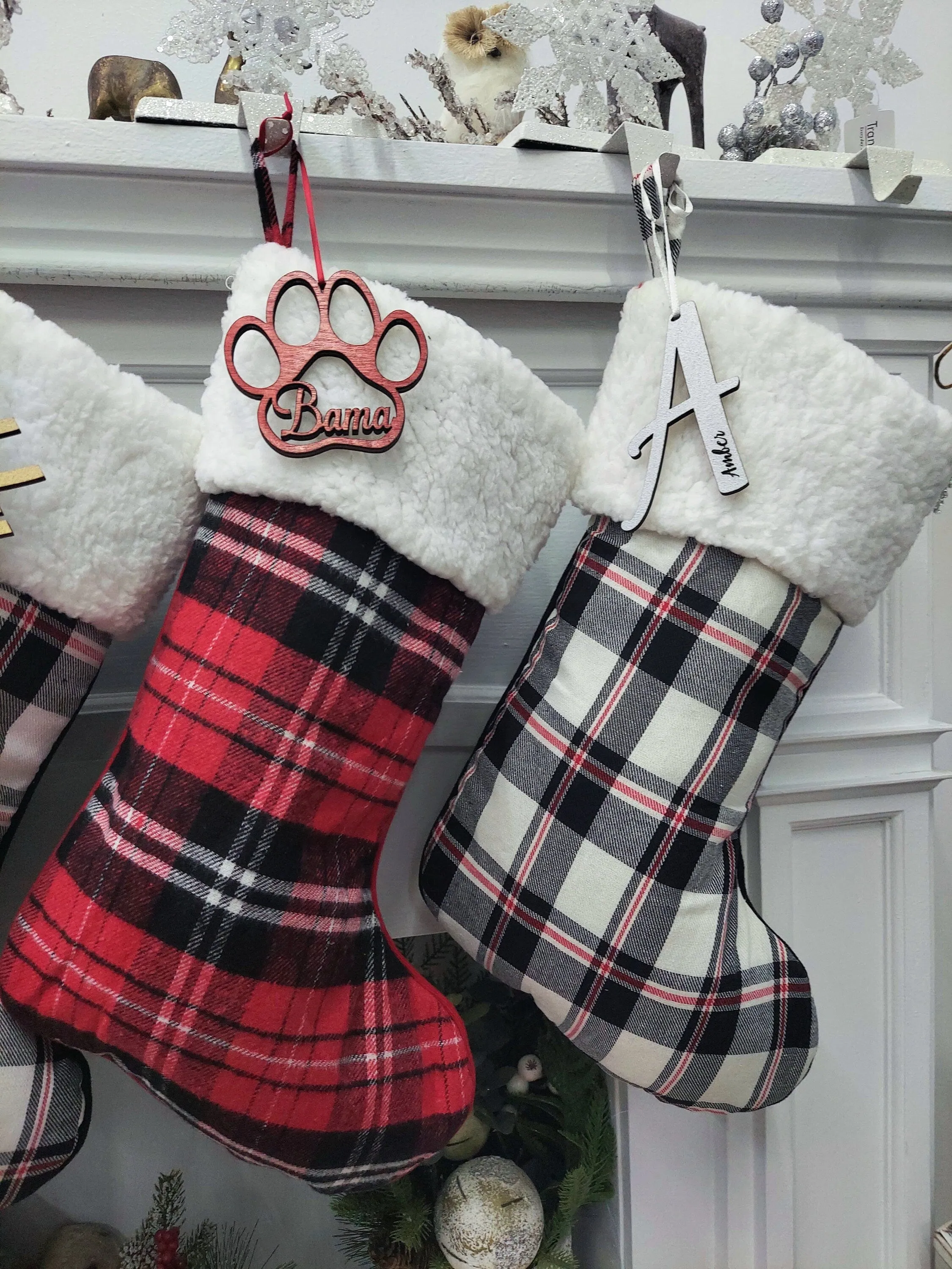 19" Red/Black/White Plaid Christmas Stockings with Sherpa Cuff Modern Farmhouse Personalized Stockings Family Xmas Tartan Wood Name Tag