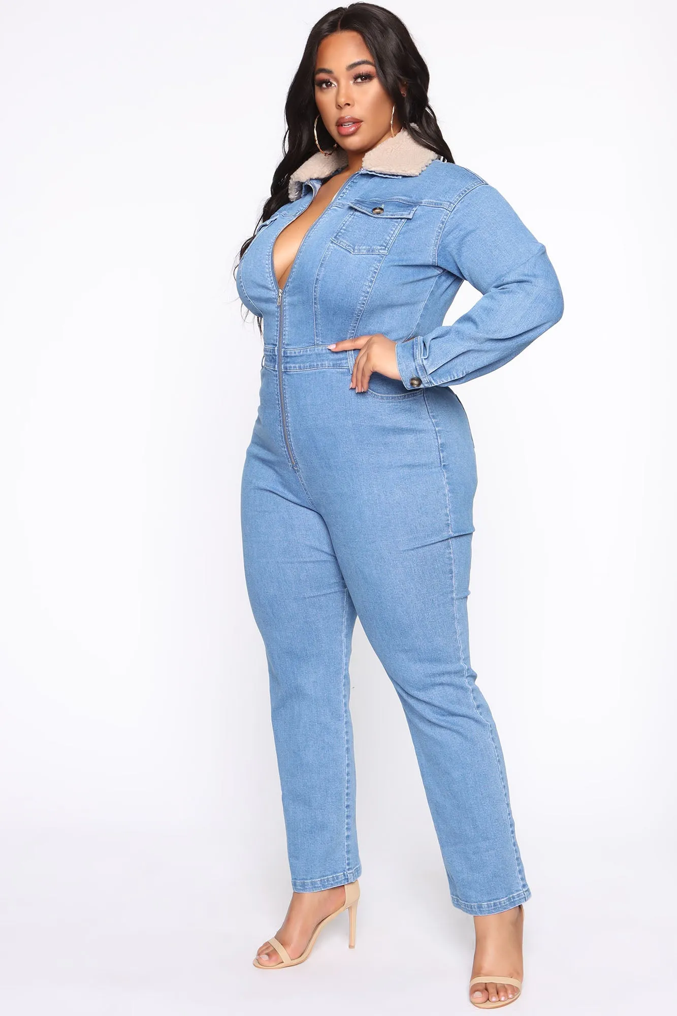 Altitude Sherpa Collar Denim Jumpsuit - Medium Wash