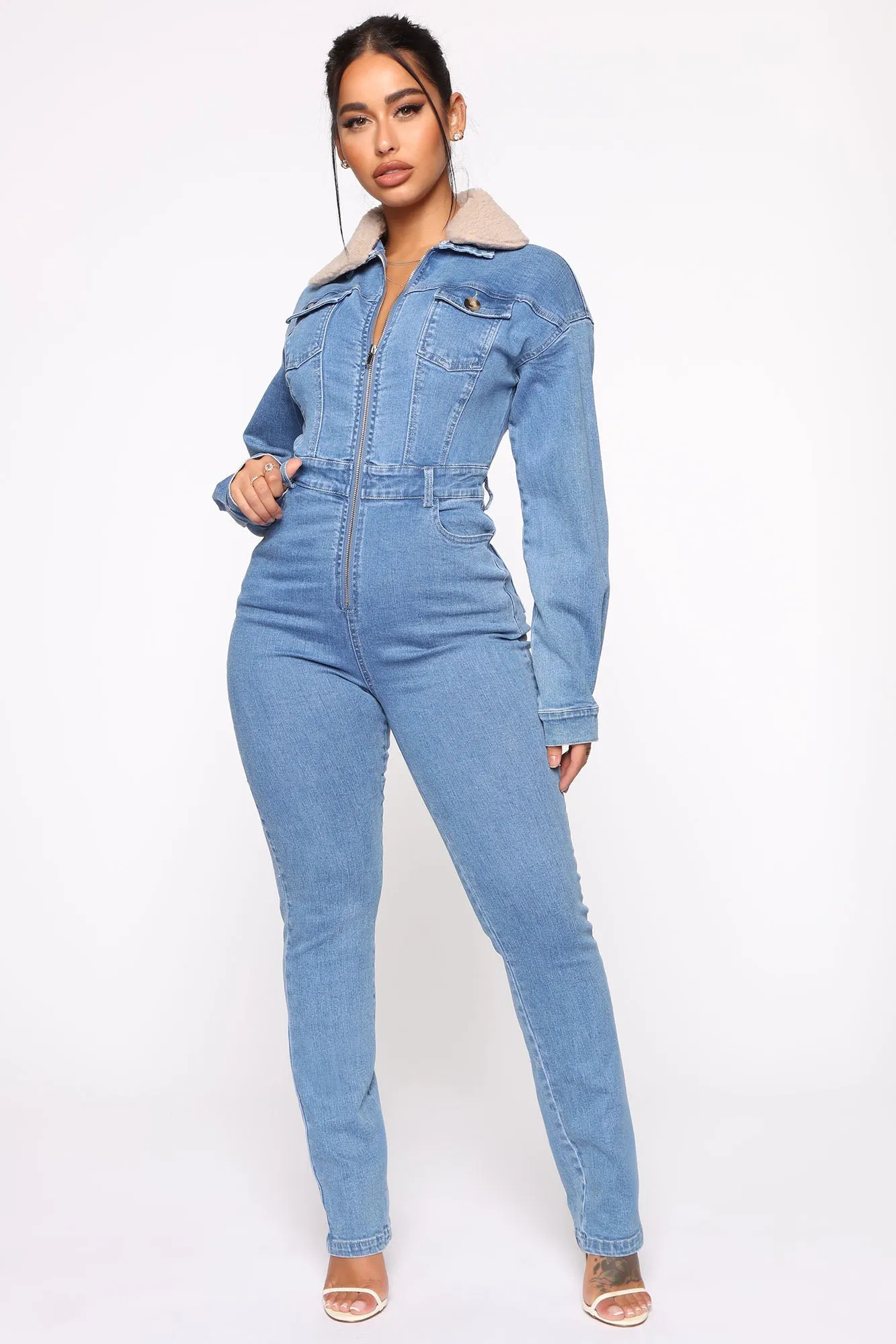Altitude Sherpa Collar Denim Jumpsuit - Medium Wash