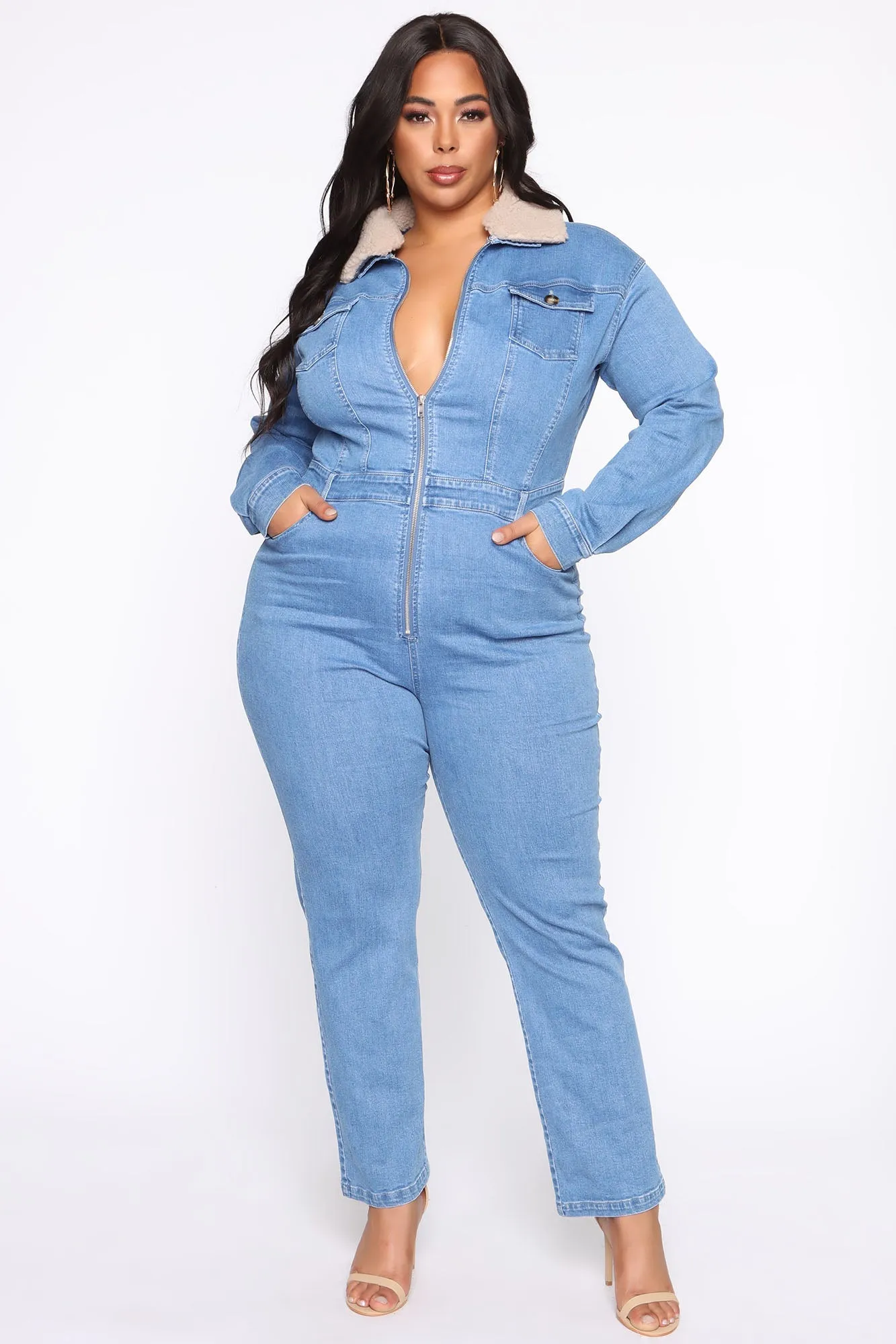 Altitude Sherpa Collar Denim Jumpsuit - Medium Wash