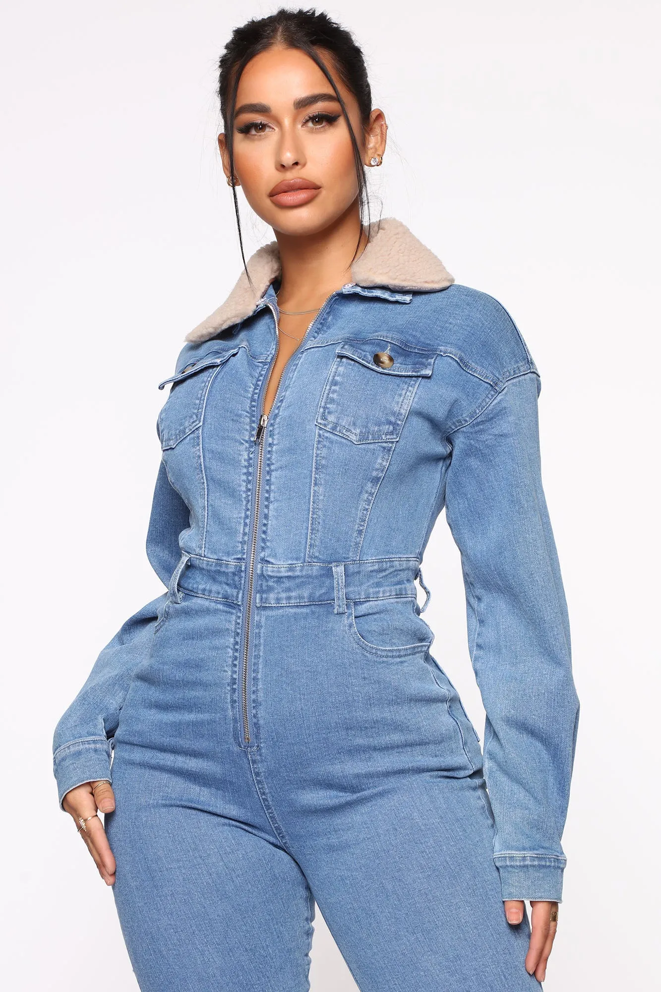 Altitude Sherpa Collar Denim Jumpsuit - Medium Wash