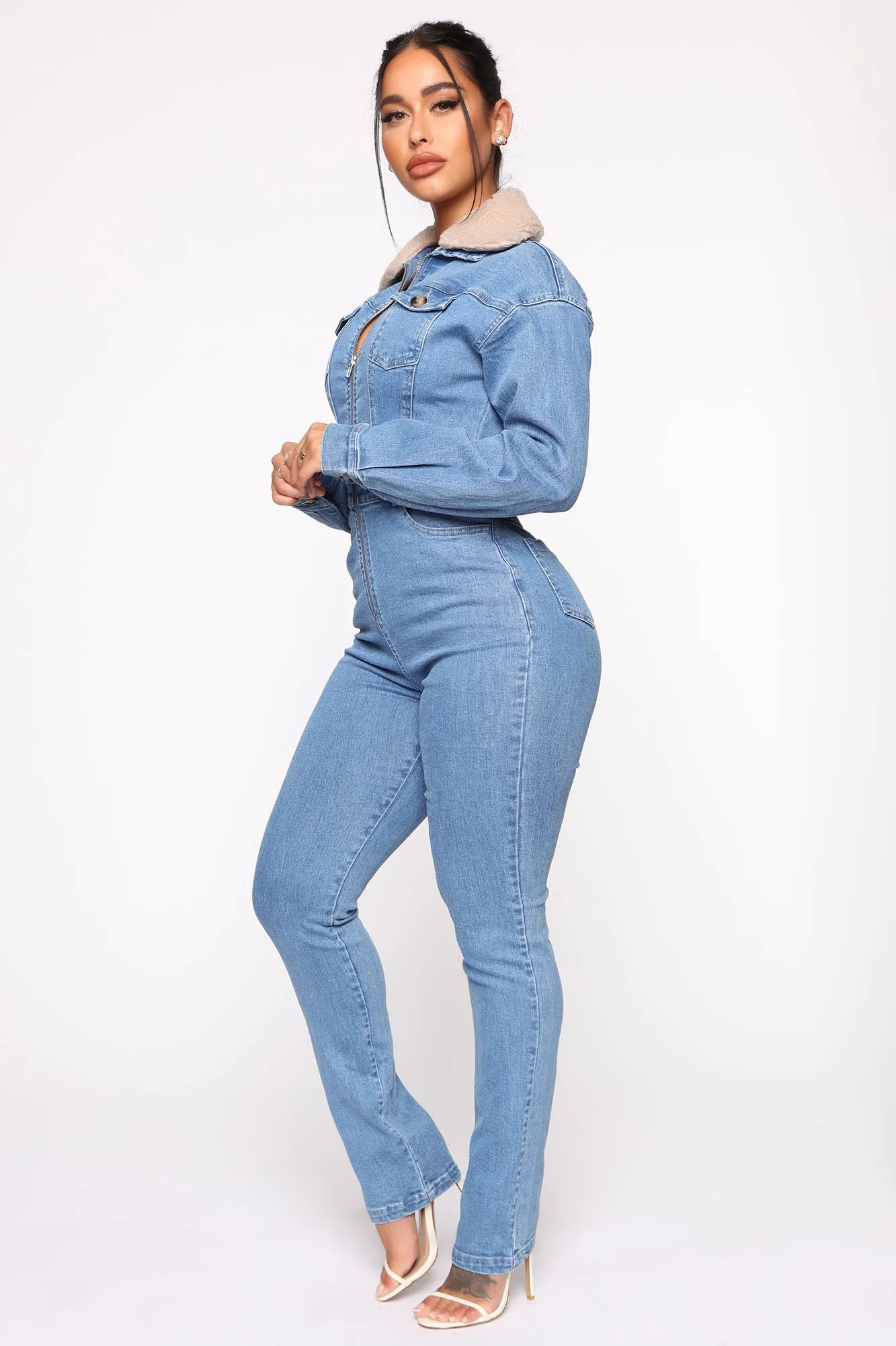 Altitude Sherpa Collar Denim Jumpsuit - Medium Wash