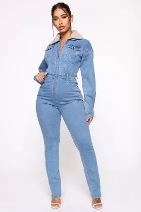 Altitude Sherpa Collar Denim Jumpsuit - Medium Wash