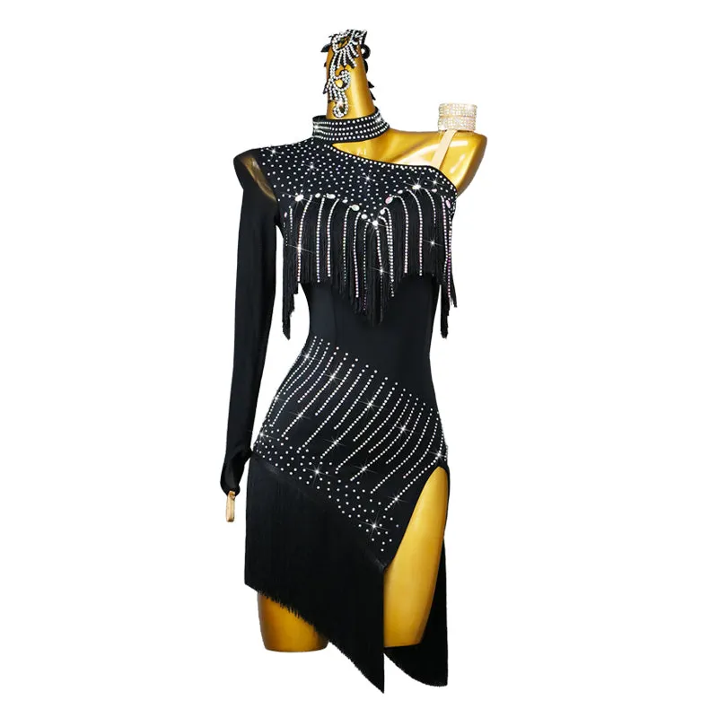 Black  Split Rhinestone Latin Dance Dress