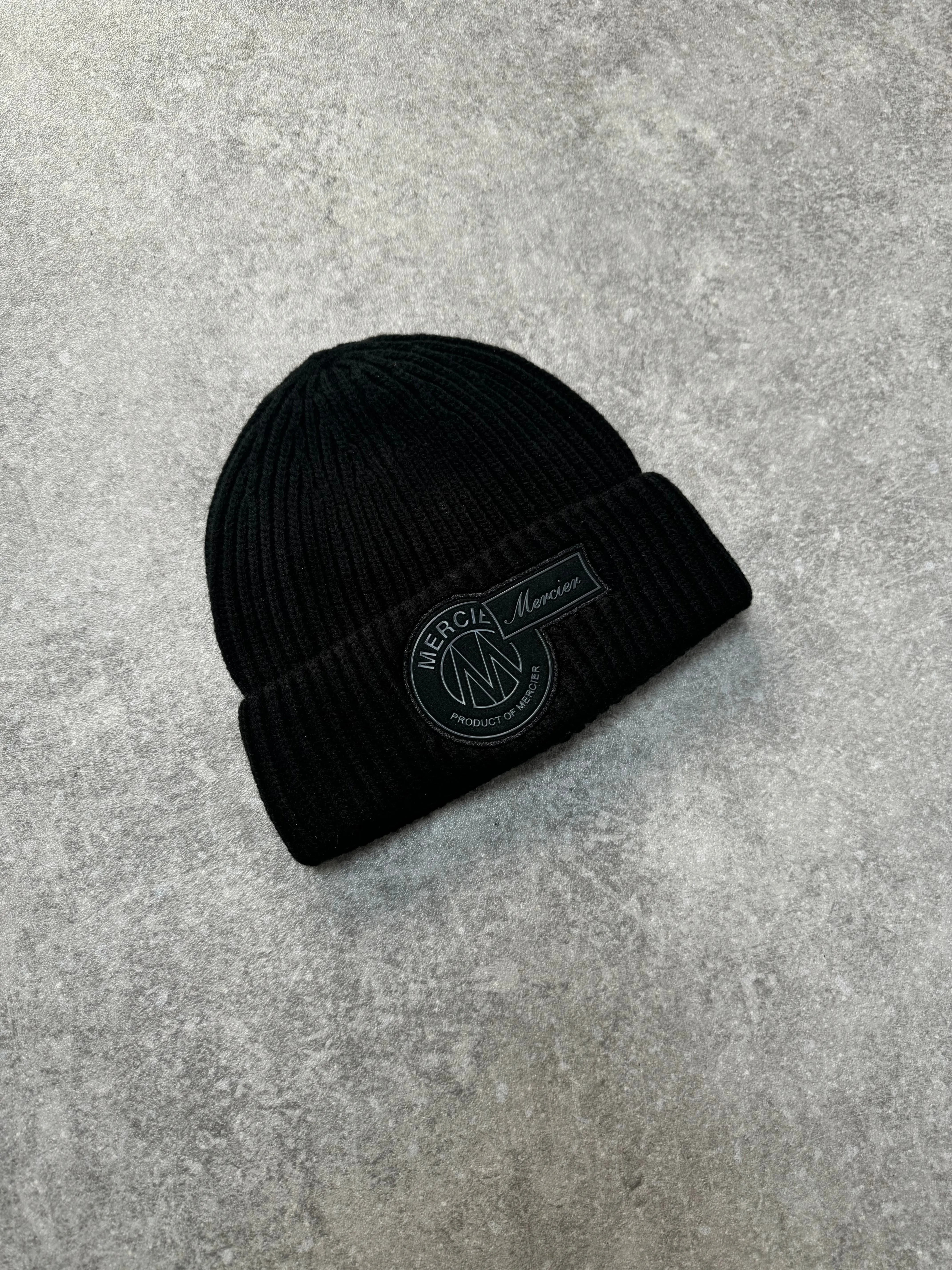 Black Tonal Badge Ribbed Beanie