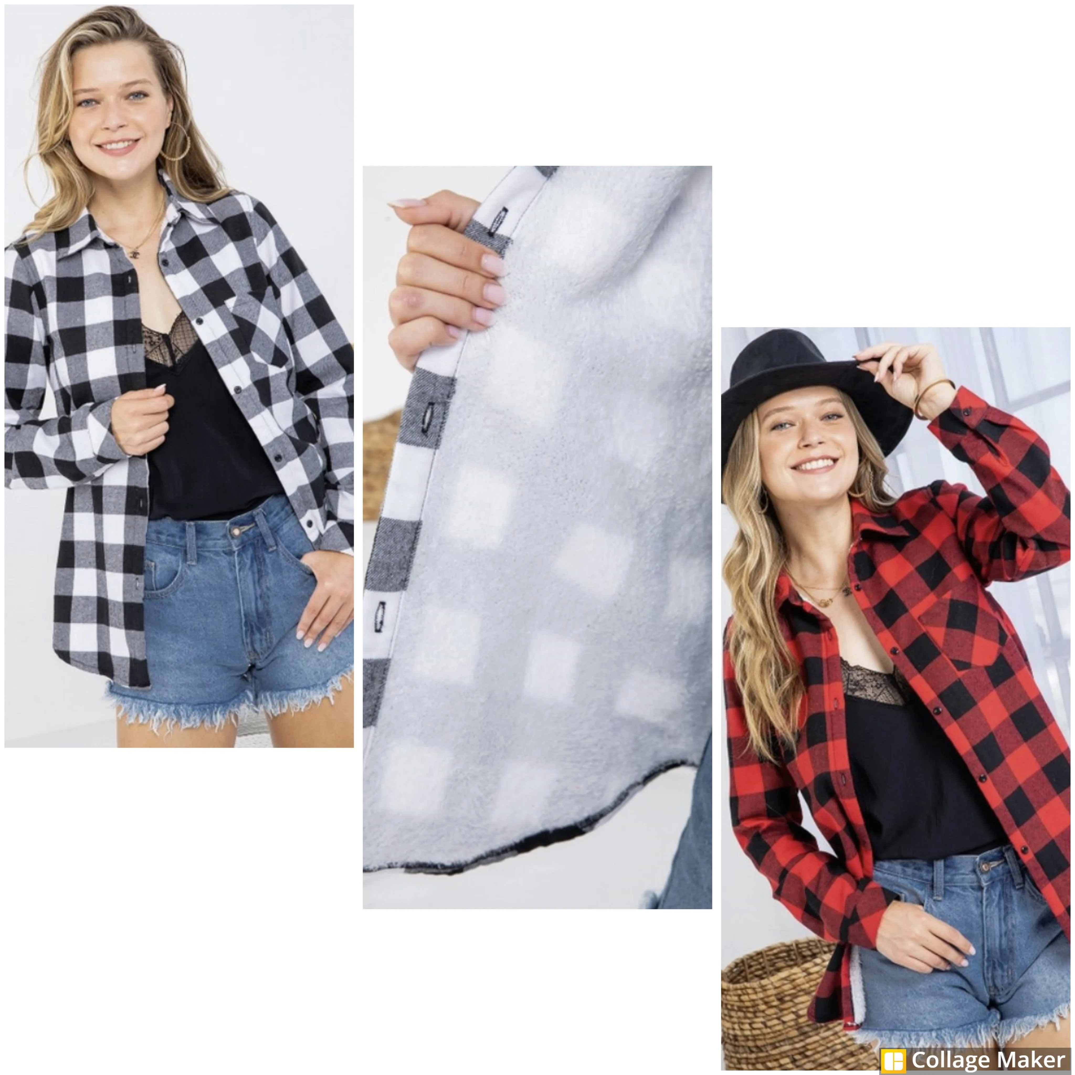 Black/White Plaid Button Up Top w/Sherpa Lining - 8421-8432