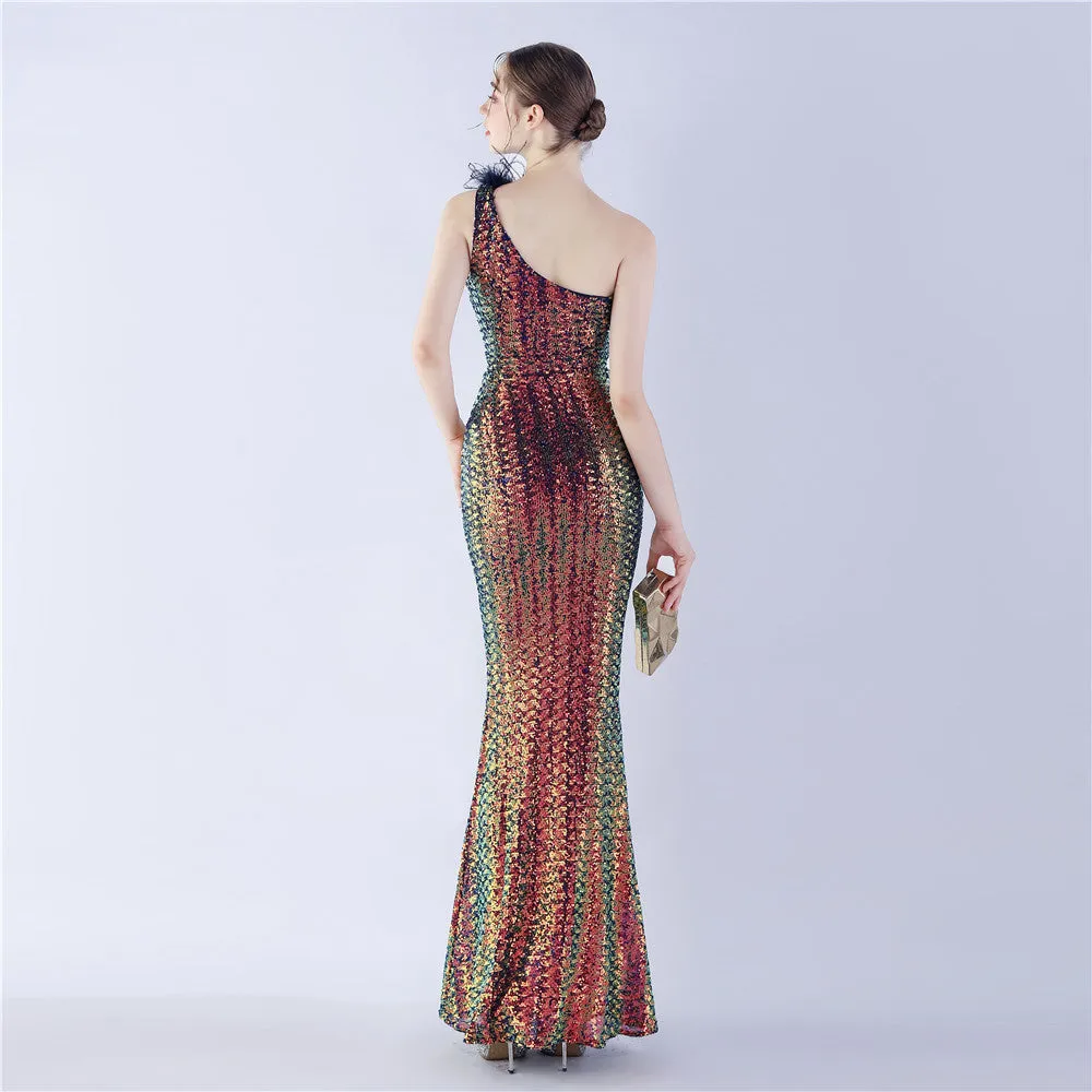 Erato-31359-Ostrich Fur One-Shoulder Slant Neck Beaded Maxi Dress