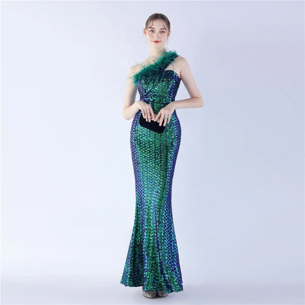 Erato-31359-Ostrich Fur One-Shoulder Slant Neck Beaded Maxi Dress
