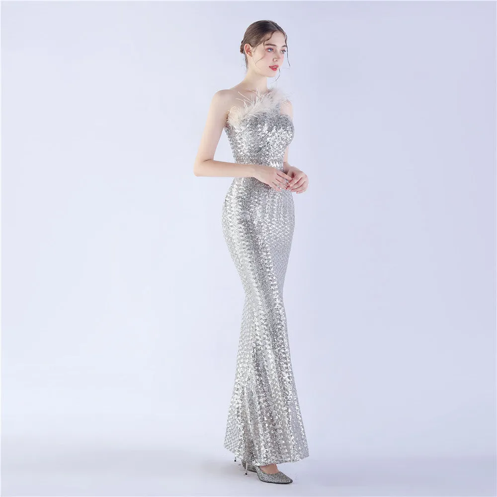Erato-31359-Ostrich Fur One-Shoulder Slant Neck Beaded Maxi Dress