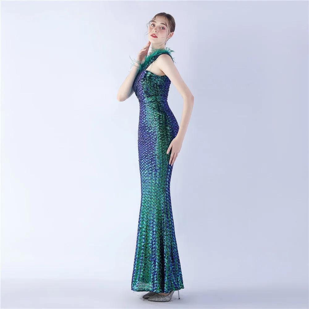Erato-31359-Ostrich Fur One-Shoulder Slant Neck Beaded Maxi Dress