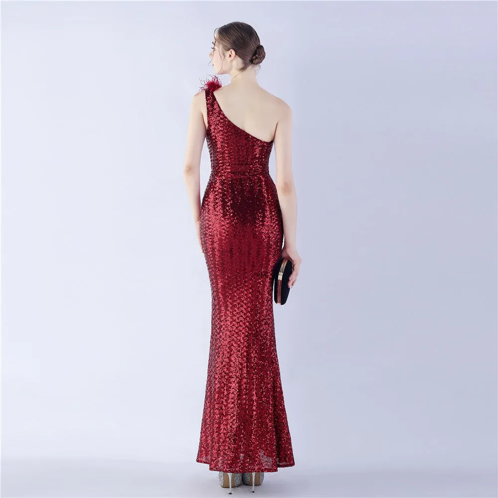 Erato-31359-Ostrich Fur One-Shoulder Slant Neck Beaded Maxi Dress