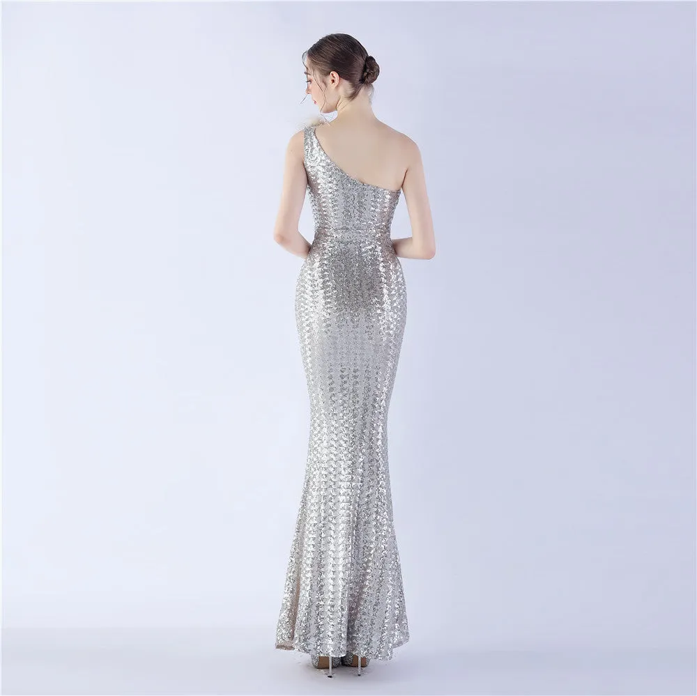 Erato-31359-Ostrich Fur One-Shoulder Slant Neck Beaded Maxi Dress