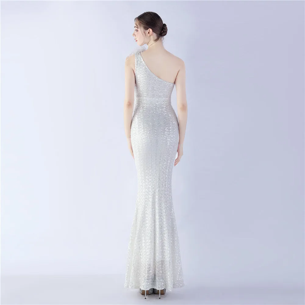 Erato-31359-Ostrich Fur One-Shoulder Slant Neck Beaded Maxi Dress