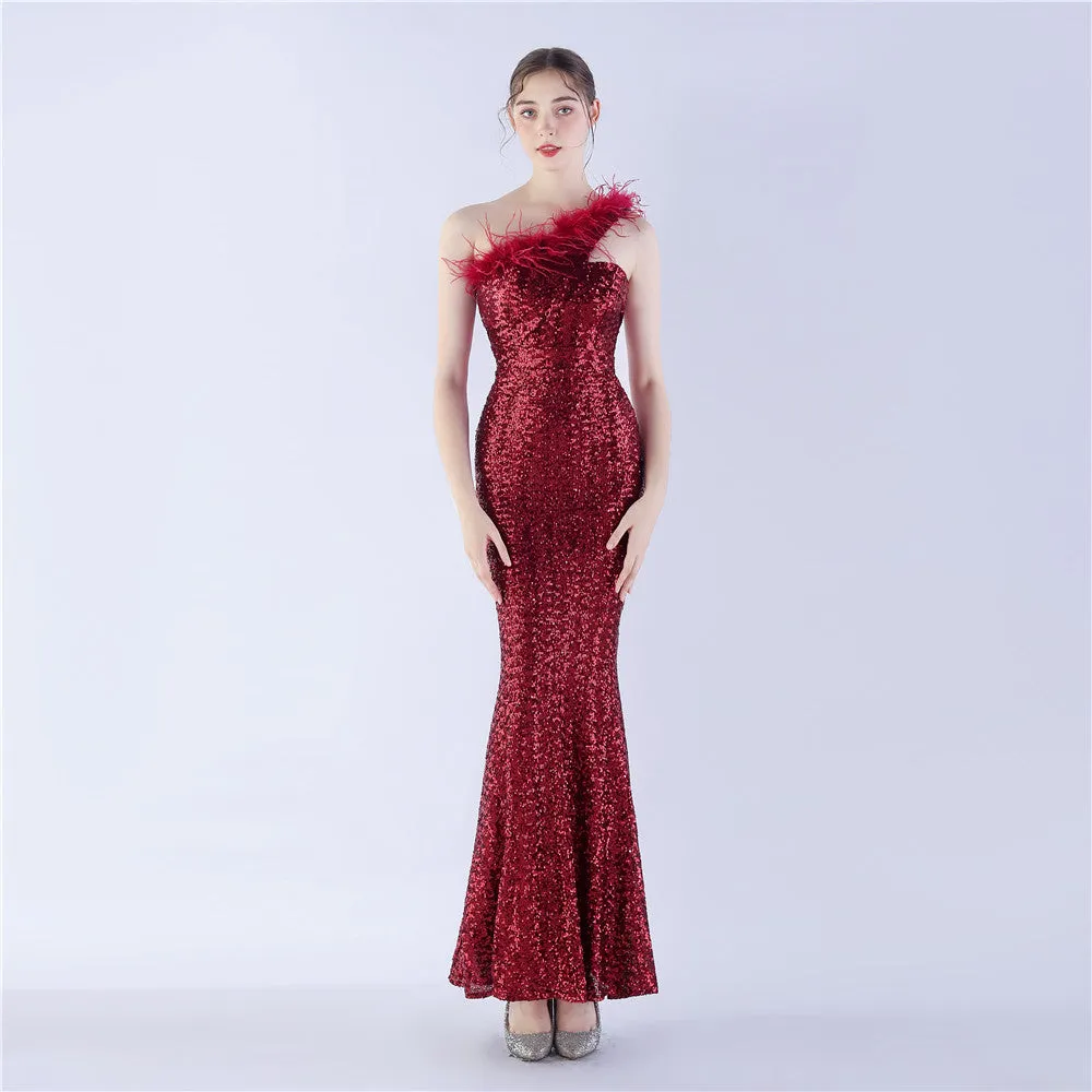 Erato-31359-Ostrich Fur One-Shoulder Slant Neck Beaded Maxi Dress