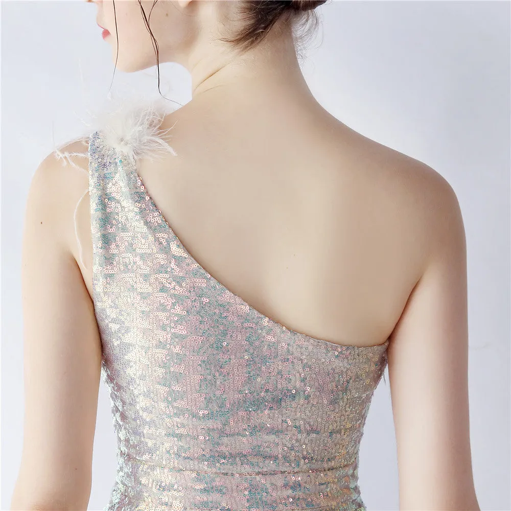 Erato-31359-Ostrich Fur One-Shoulder Slant Neck Beaded Maxi Dress