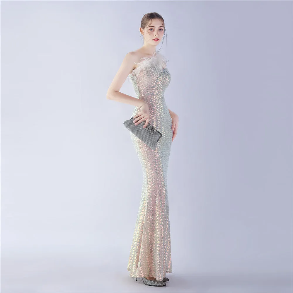 Erato-31359-Ostrich Fur One-Shoulder Slant Neck Beaded Maxi Dress