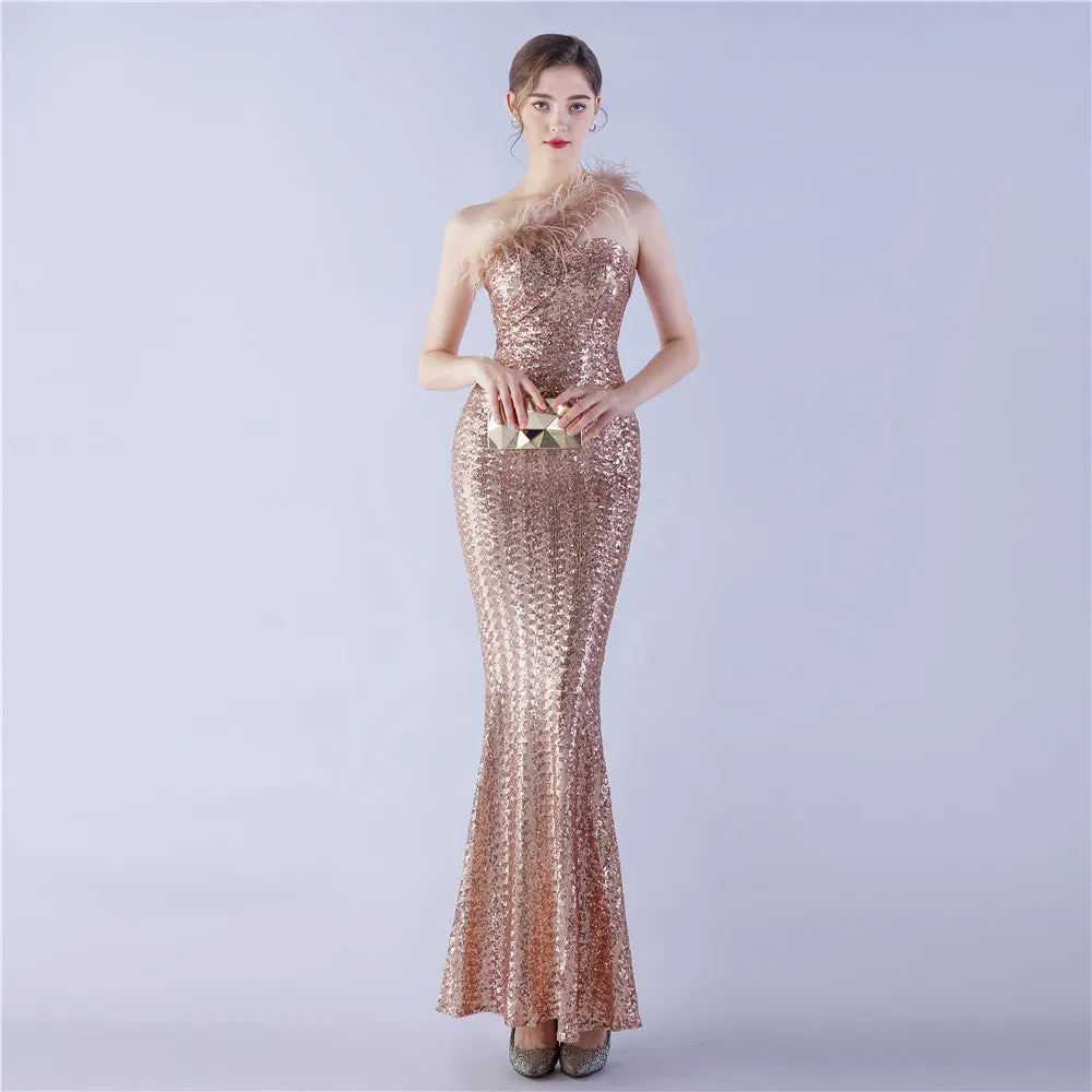 Erato-31359-Ostrich Fur One-Shoulder Slant Neck Beaded Maxi Dress