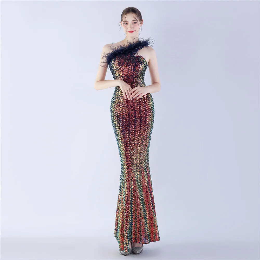 Erato-31359-Ostrich Fur One-Shoulder Slant Neck Beaded Maxi Dress