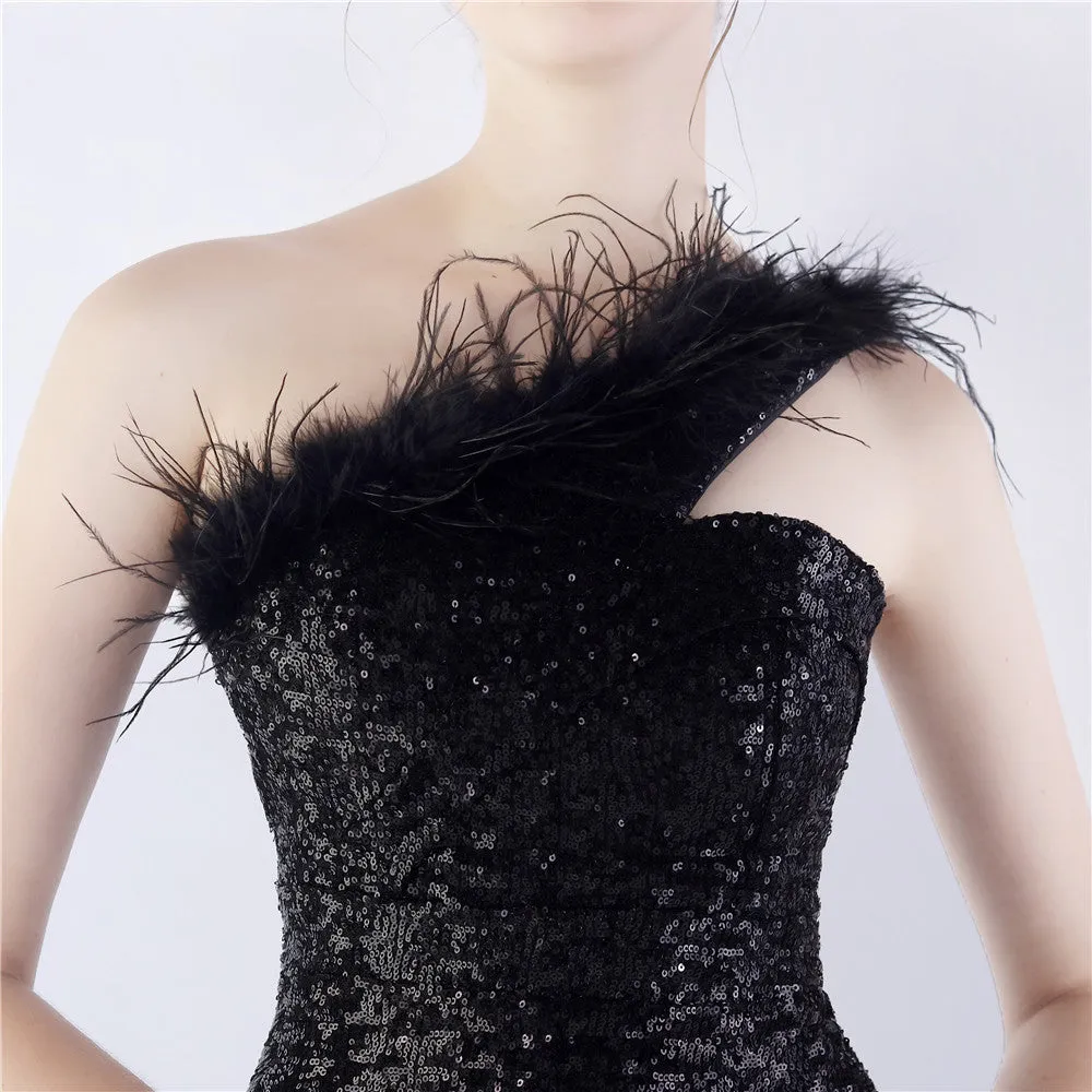 Erato-31359-Ostrich Fur One-Shoulder Slant Neck Beaded Maxi Dress