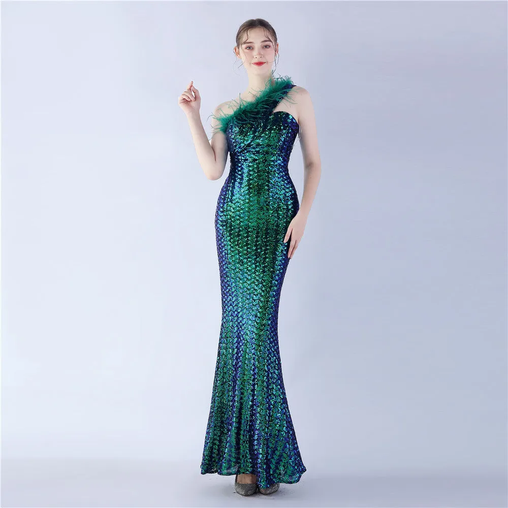 Erato-31359-Ostrich Fur One-Shoulder Slant Neck Beaded Maxi Dress