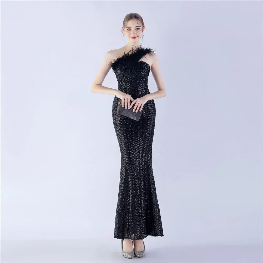 Erato-31359-Ostrich Fur One-Shoulder Slant Neck Beaded Maxi Dress