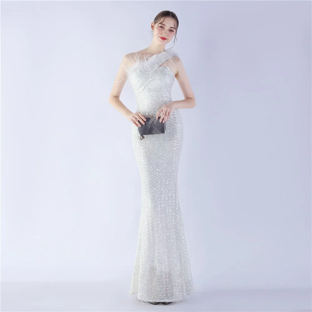 Erato-31359-Ostrich Fur One-Shoulder Slant Neck Beaded Maxi Dress