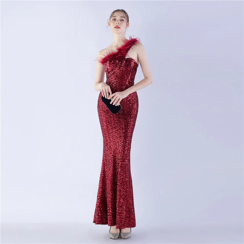 Erato-31359-Ostrich Fur One-Shoulder Slant Neck Beaded Maxi Dress