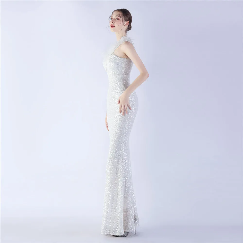 Erato-31359-Ostrich Fur One-Shoulder Slant Neck Beaded Maxi Dress