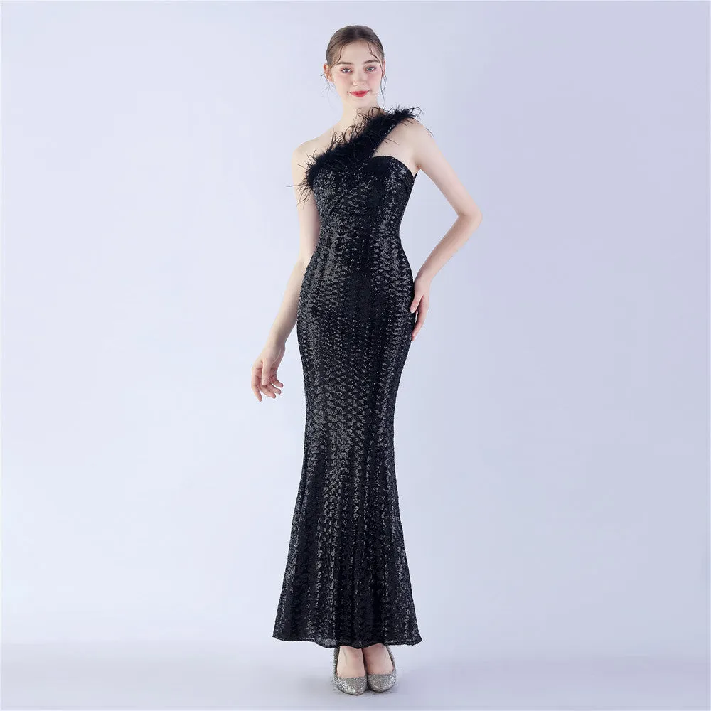 Erato-31359-Ostrich Fur One-Shoulder Slant Neck Beaded Maxi Dress