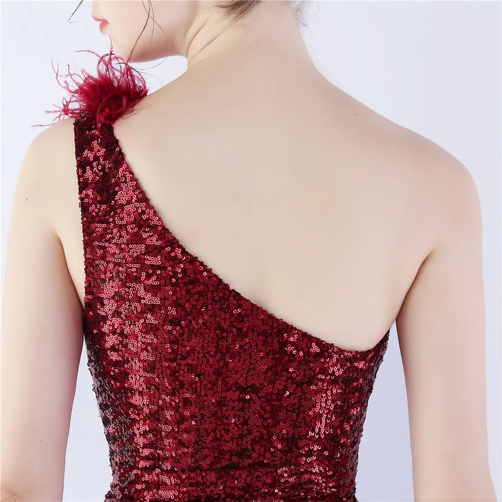Erato-31359-Ostrich Fur One-Shoulder Slant Neck Beaded Maxi Dress