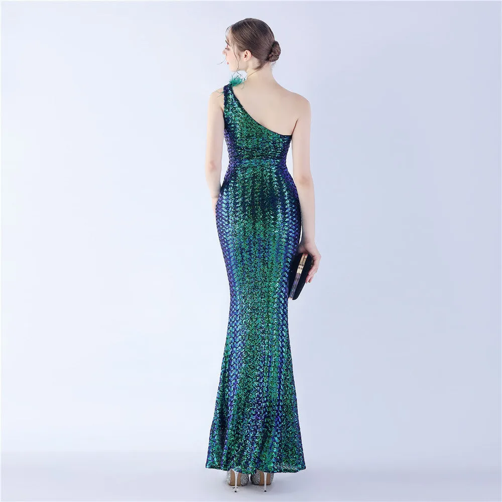 Erato-31359-Ostrich Fur One-Shoulder Slant Neck Beaded Maxi Dress
