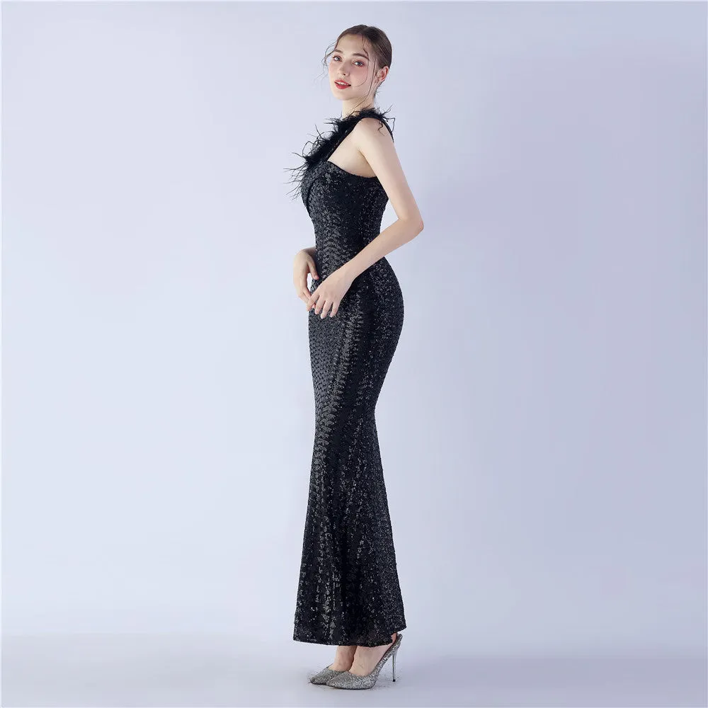 Erato-31359-Ostrich Fur One-Shoulder Slant Neck Beaded Maxi Dress