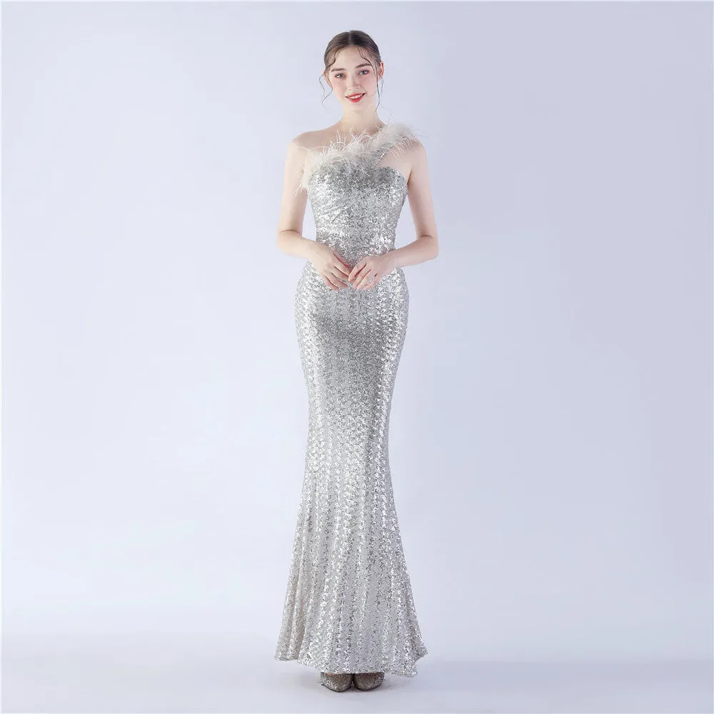 Erato-31359-Ostrich Fur One-Shoulder Slant Neck Beaded Maxi Dress