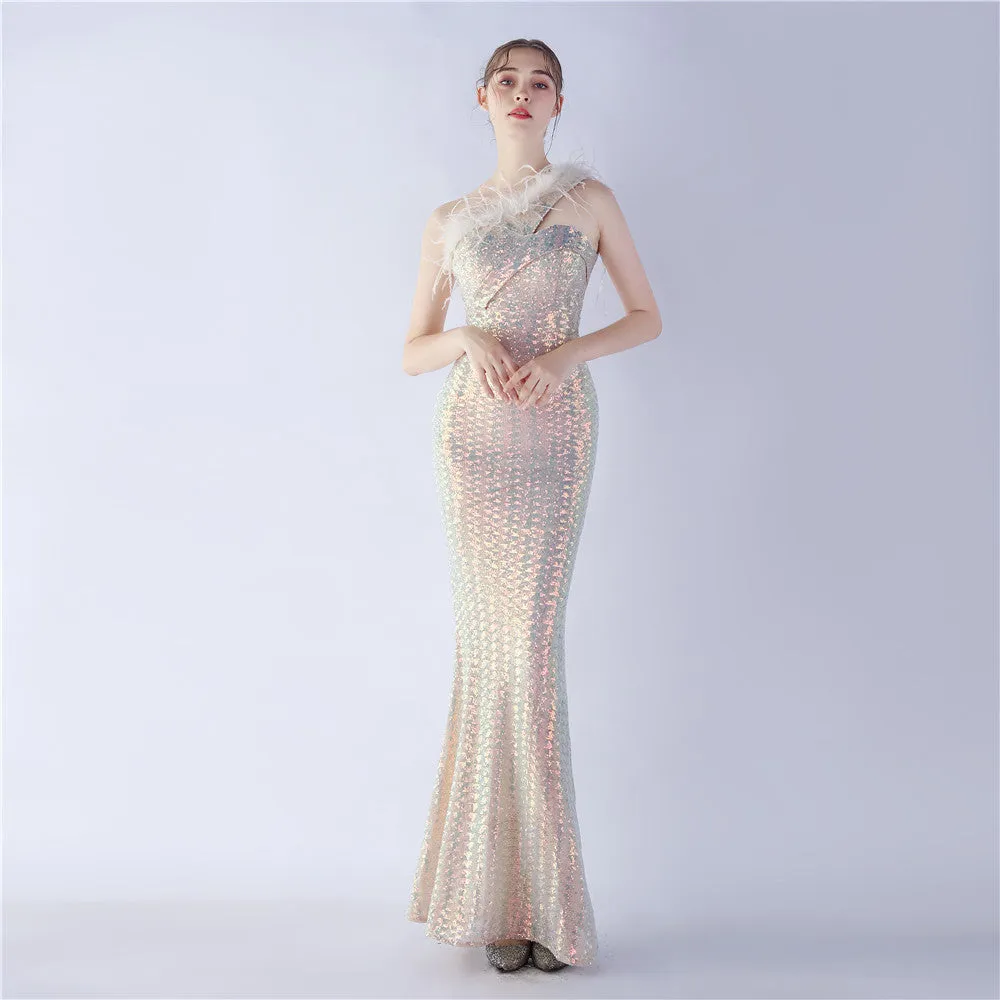 Erato-31359-Ostrich Fur One-Shoulder Slant Neck Beaded Maxi Dress