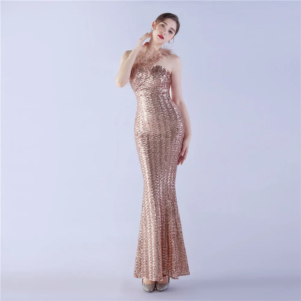 Erato-31359-Ostrich Fur One-Shoulder Slant Neck Beaded Maxi Dress