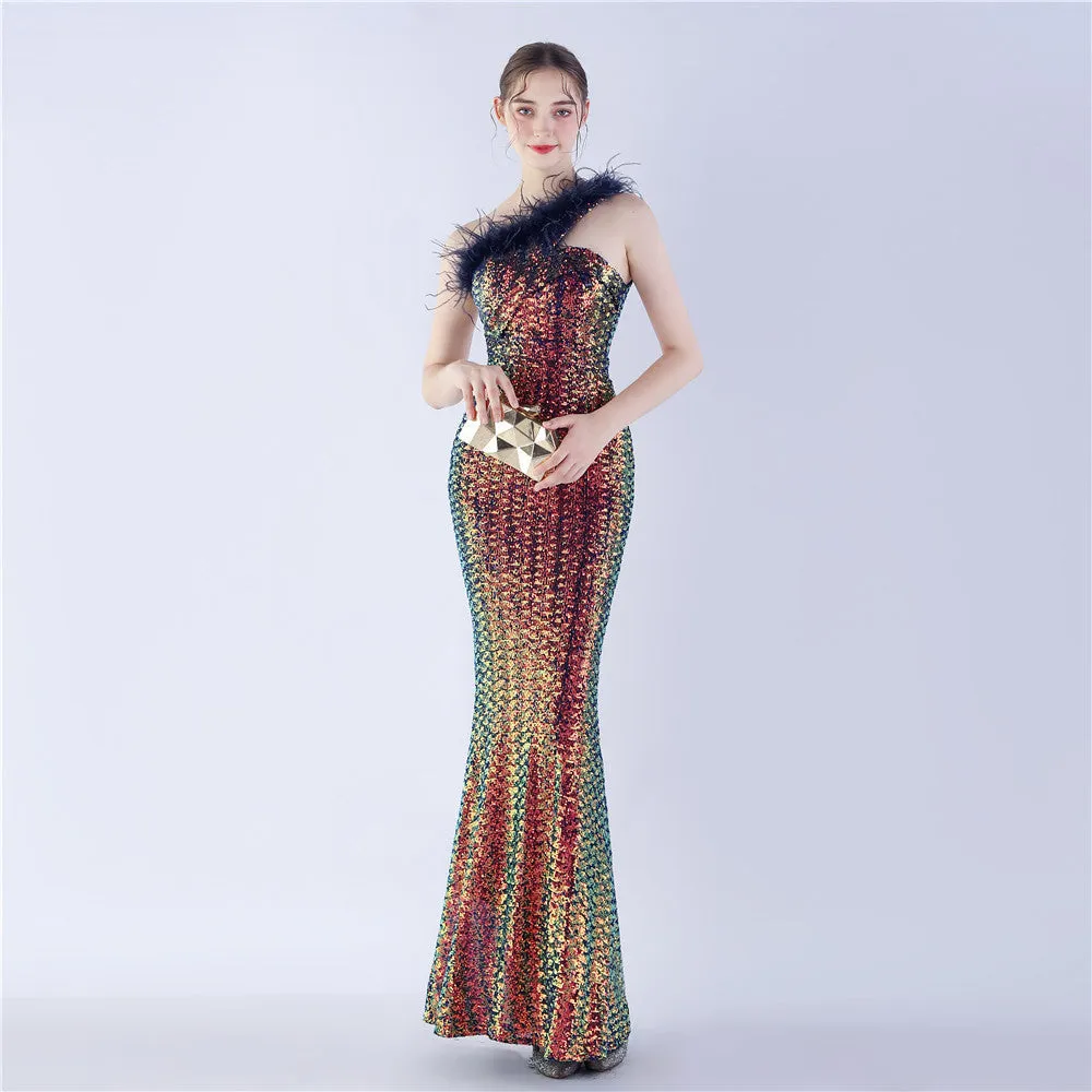 Erato-31359-Ostrich Fur One-Shoulder Slant Neck Beaded Maxi Dress