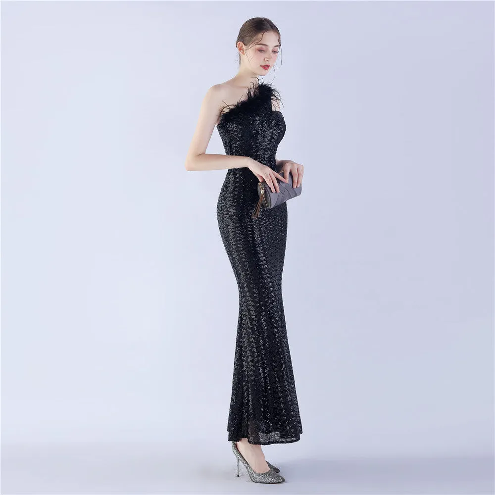 Erato-31359-Ostrich Fur One-Shoulder Slant Neck Beaded Maxi Dress
