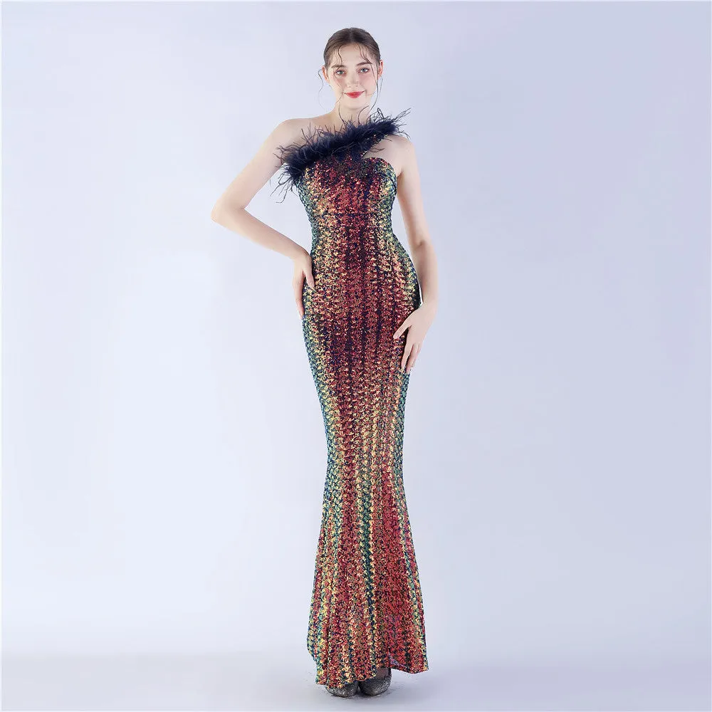 Erato-31359-Ostrich Fur One-Shoulder Slant Neck Beaded Maxi Dress