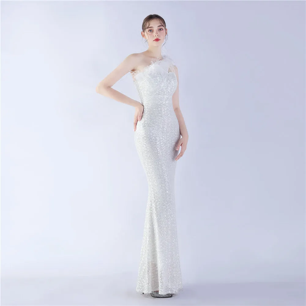 Erato-31359-Ostrich Fur One-Shoulder Slant Neck Beaded Maxi Dress
