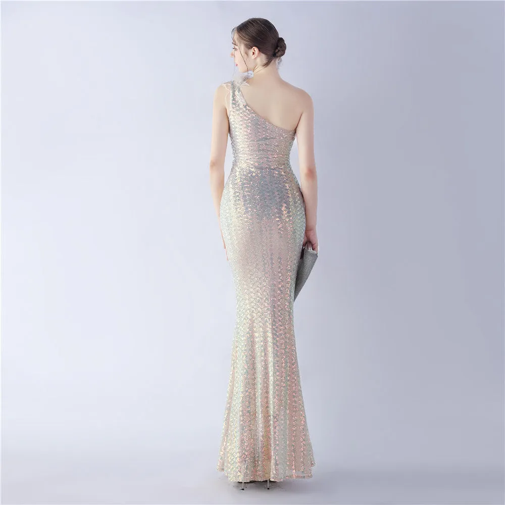 Erato-31359-Ostrich Fur One-Shoulder Slant Neck Beaded Maxi Dress