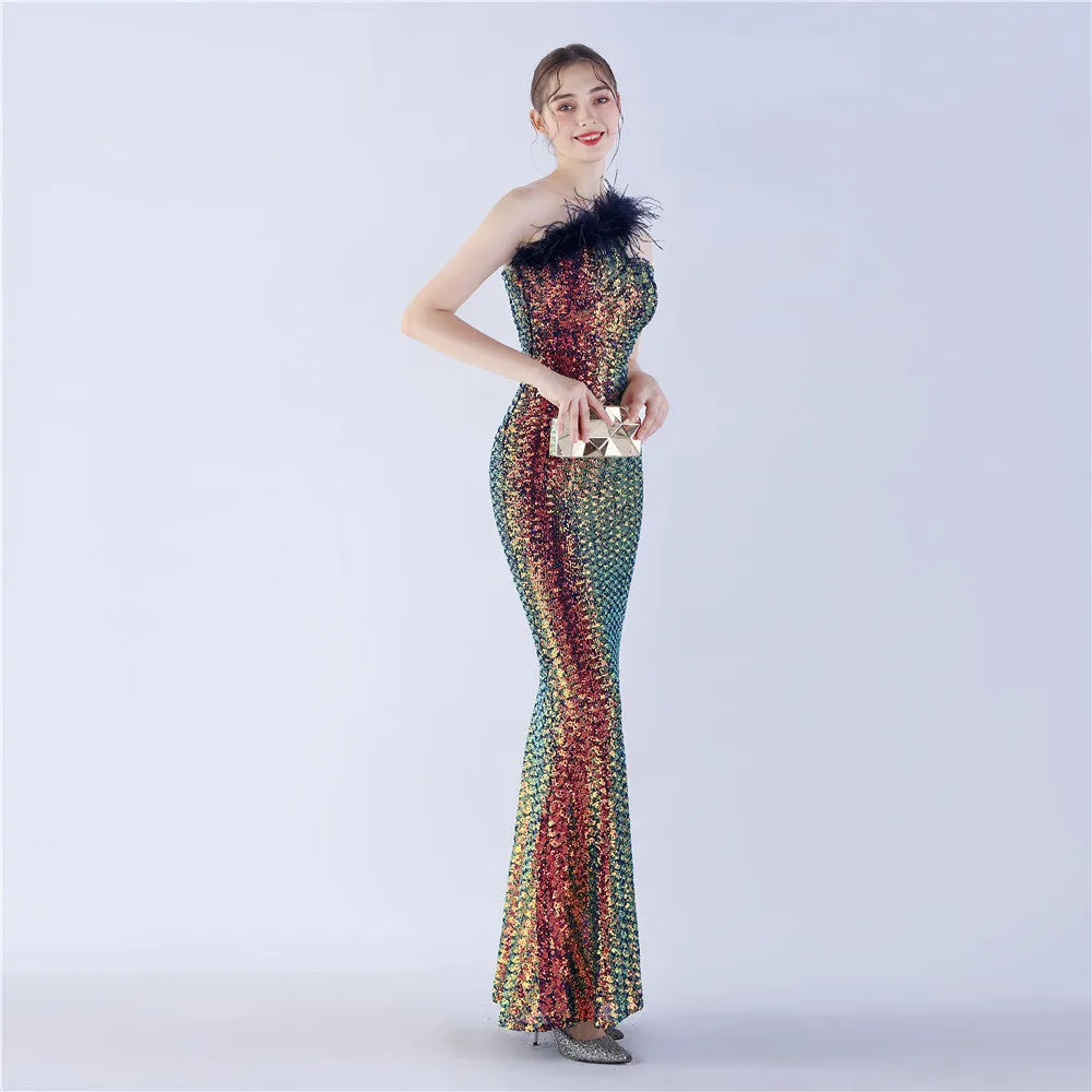 Erato-31359-Ostrich Fur One-Shoulder Slant Neck Beaded Maxi Dress