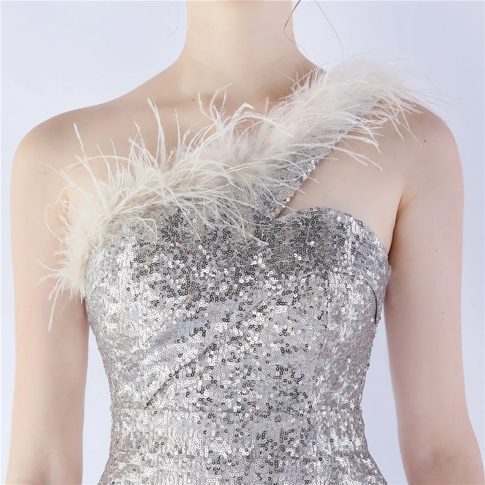 Erato-31359-Ostrich Fur One-Shoulder Slant Neck Beaded Maxi Dress