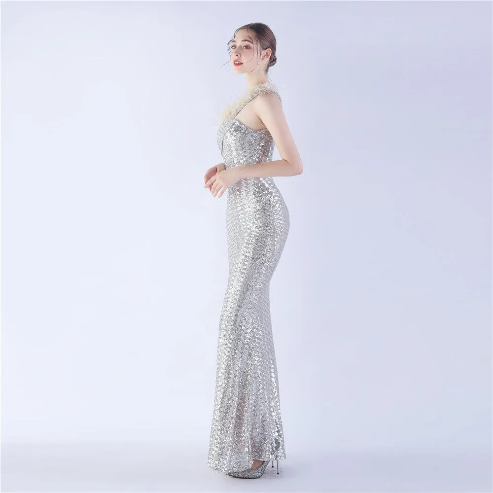 Erato-31359-Ostrich Fur One-Shoulder Slant Neck Beaded Maxi Dress