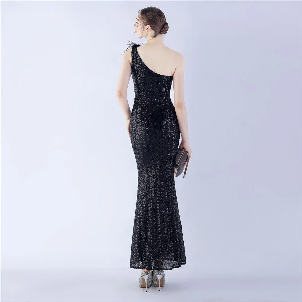Erato-31359-Ostrich Fur One-Shoulder Slant Neck Beaded Maxi Dress