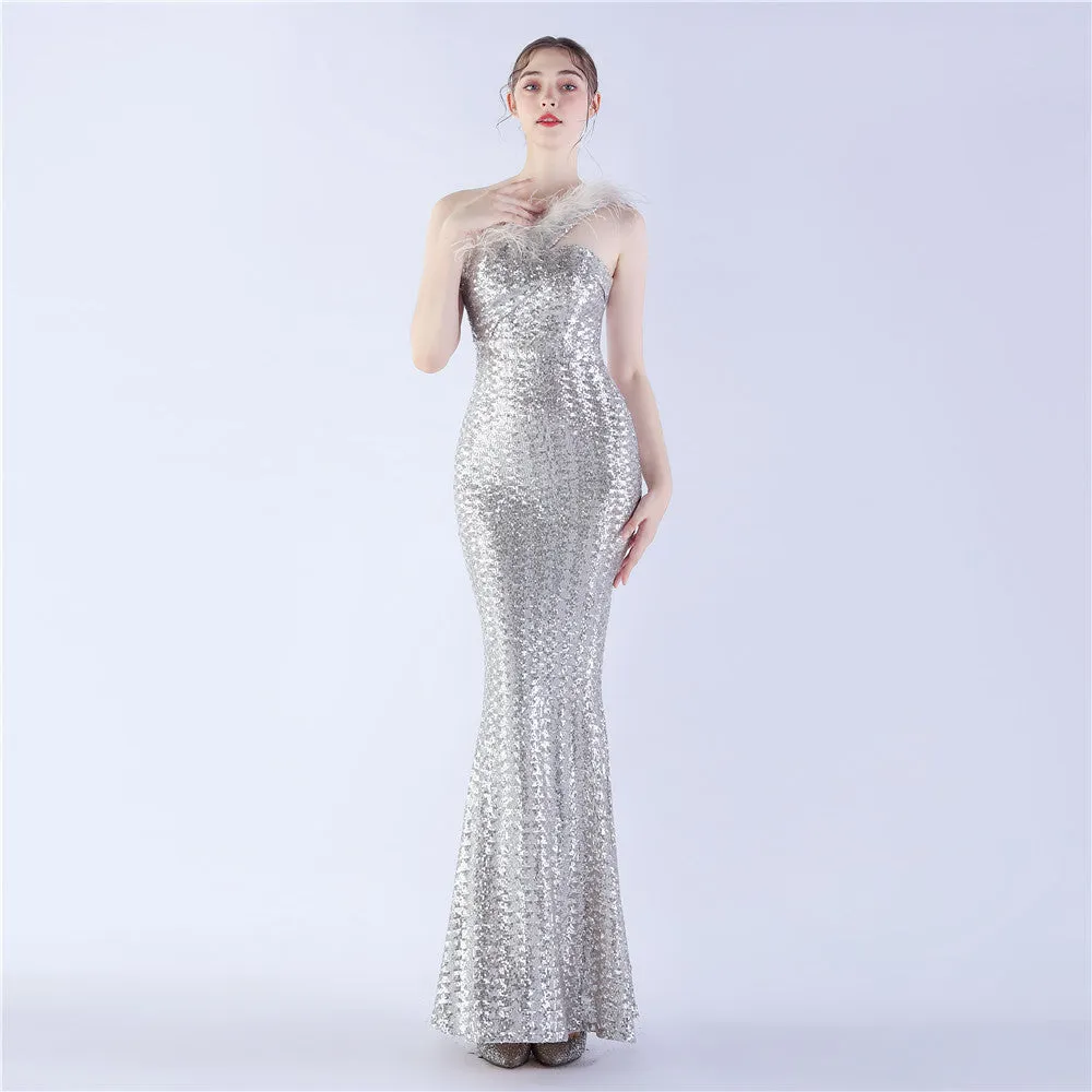 Erato-31359-Ostrich Fur One-Shoulder Slant Neck Beaded Maxi Dress