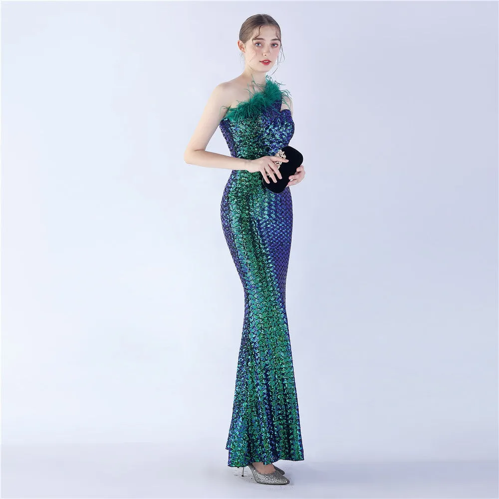 Erato-31359-Ostrich Fur One-Shoulder Slant Neck Beaded Maxi Dress