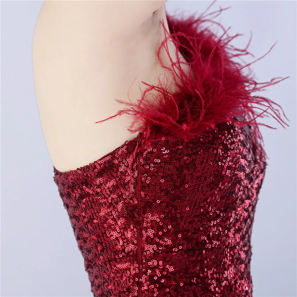 Erato-31359-Ostrich Fur One-Shoulder Slant Neck Beaded Maxi Dress