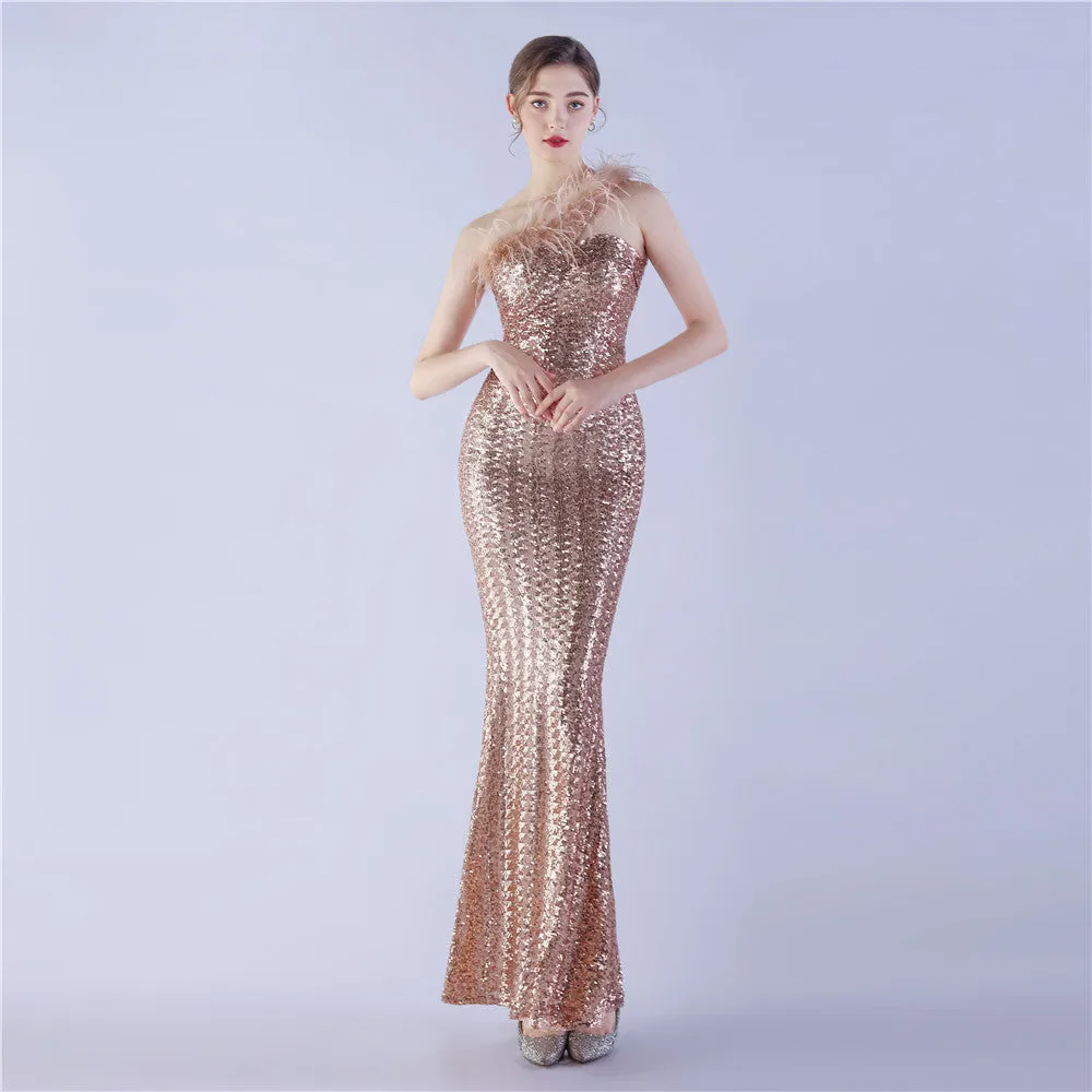 Erato-31359-Ostrich Fur One-Shoulder Slant Neck Beaded Maxi Dress